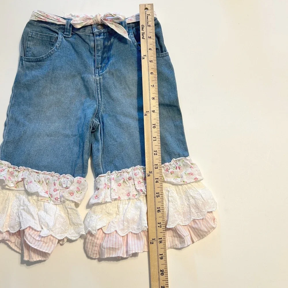 Copper Key Toddler Denim Ruffle Jeans‎ 5 Floral Belt Tie Boho Flare Frill